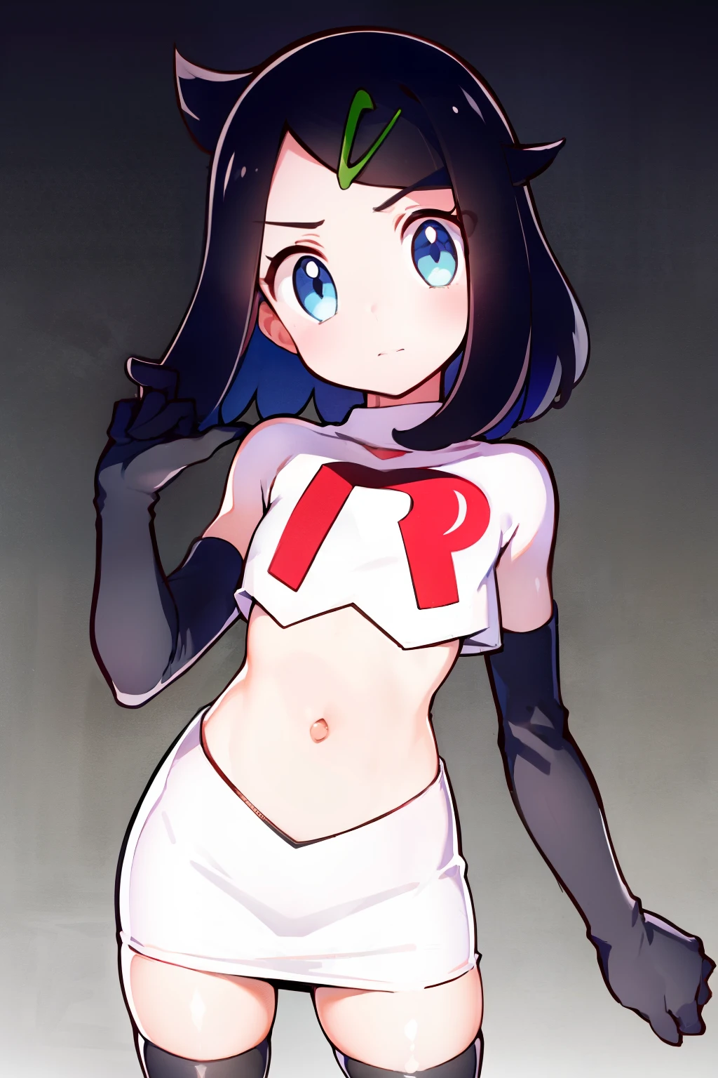 liko, 1girl, solo, flat chest,looking at viewer, blue eyes, black hair, hair ornament, hairclip, eyelashes, team rocket,team rocket uniform,white skirt,crop top,black thigh-highs,black elbow gloves,