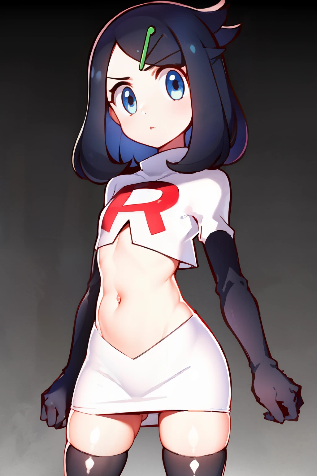 liko, 1girl, solo, flat chest,looking at viewer, blue eyes, black hair, hair ornament, hairclip, eyelashes, team rocket,team rocket uniform,white skirt,crop top,black thigh-highs,black elbow gloves,