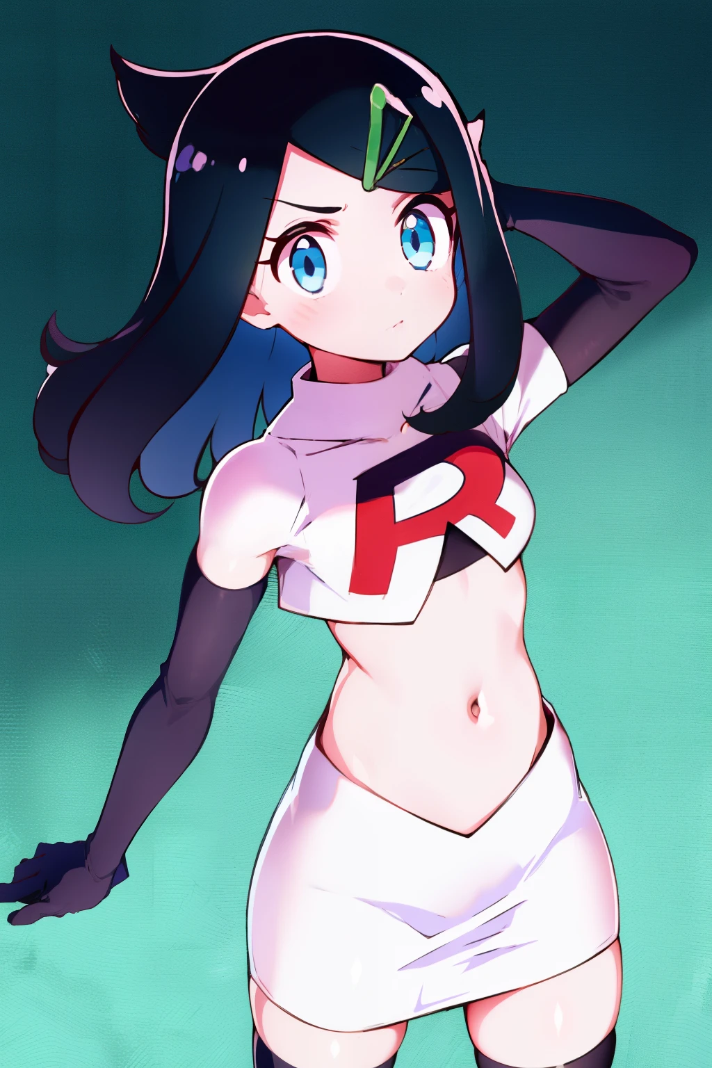 liko, 1girl, solo, flat chest,looking at viewer, blue eyes, black hair, hair ornament, hairclip, eyelashes, team rocket,team rocket uniform,white skirt,crop top,black thigh-highs,black elbow gloves,