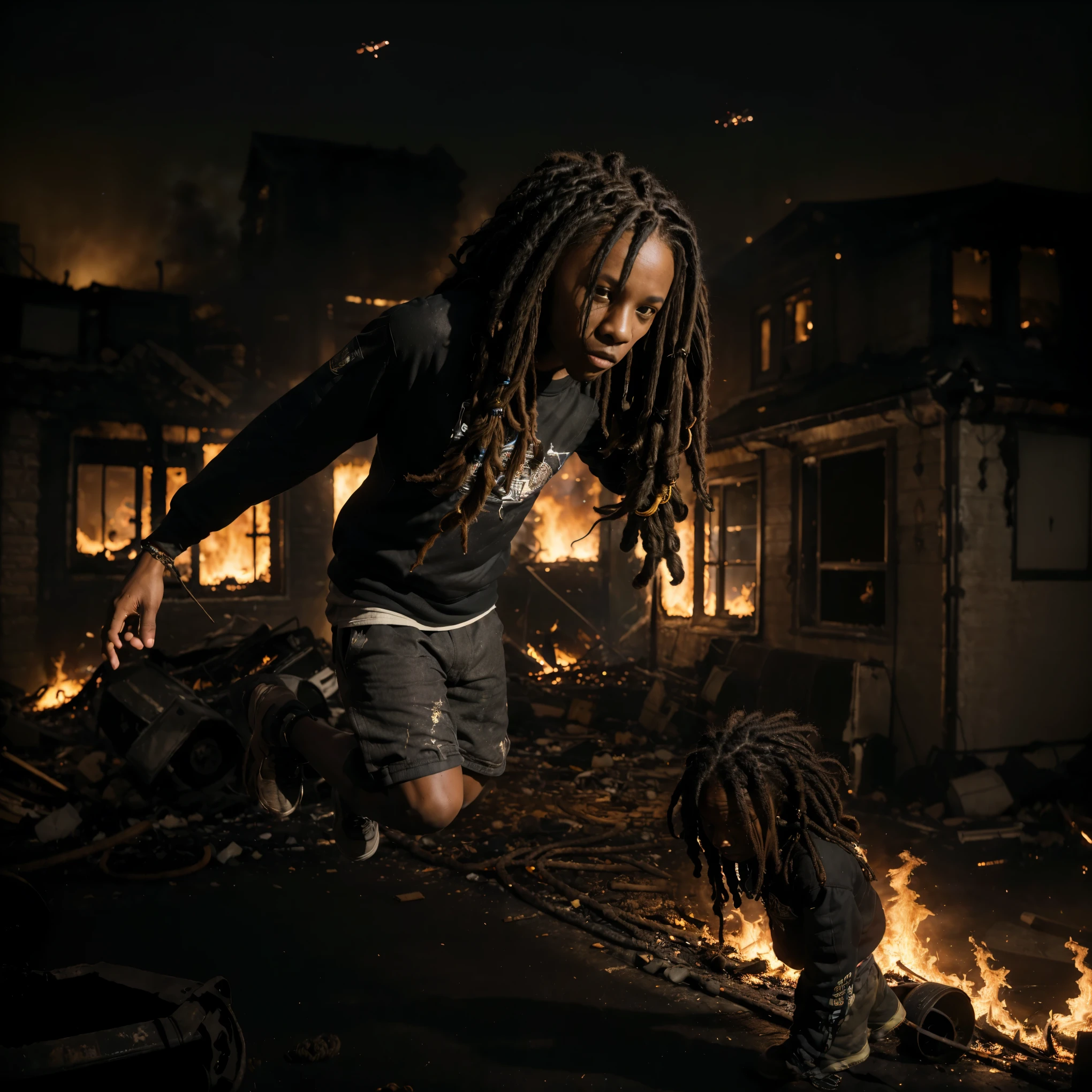 ((ultra realistic)) wide shot photo of a black ((boy)) with (((short dreadlocks))) wearing streetwear clothes, ((floating)) with open arms in a ((dark night scene completely destroyed around him, with houses and vehicles on fire)), several (money bills flying as they burn). the scenario represents the idea that nothing comes without a cost, be it financial, effort or in some other way.