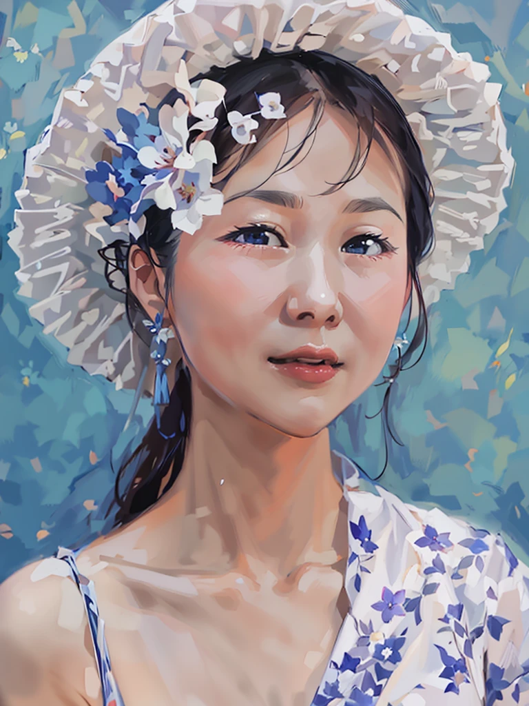 arafed woman wearing a white hat with blue flowers on it, xintong chen, lovely delicate face, wenfei ye, xue han, young cute wan asian face, white hanfu, cover photo portrait of du juan, inspired by Dai Xi, 7 0 mm portrait, chinese girl, by Ye Xin, chengyou liu, inspired by Huang Ji