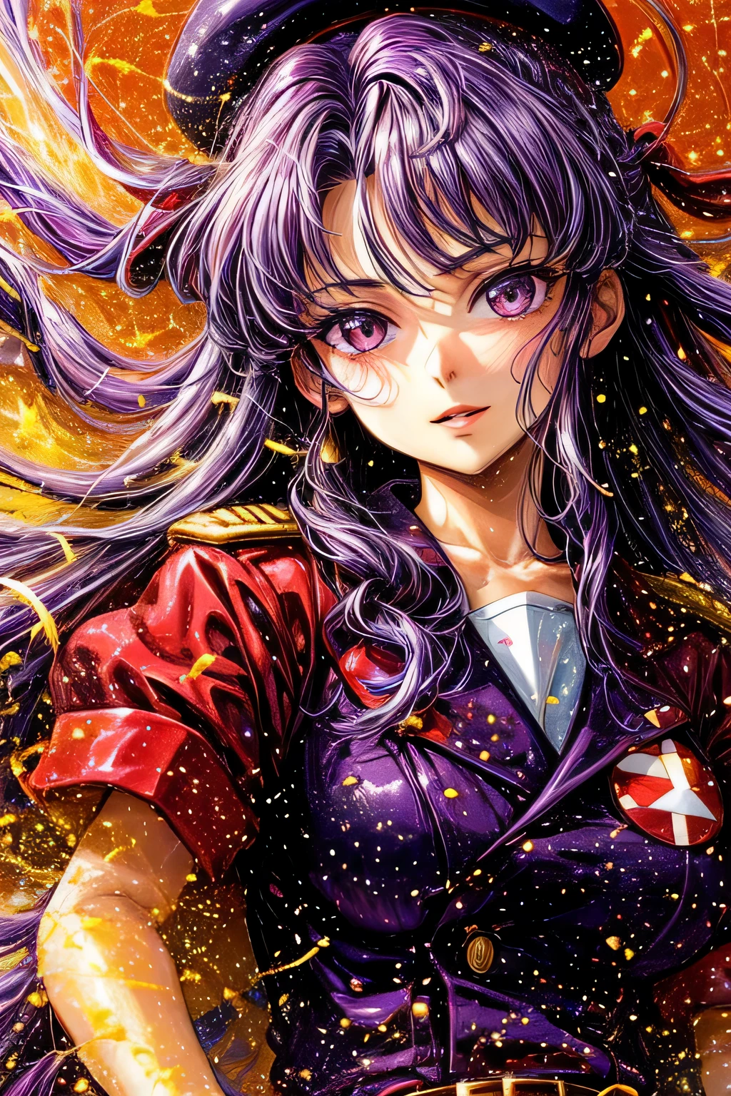 ((worst quality, low quality)), ((Close-up)), (Misato Katsuragi:1.2), Eva, Evaンゲリオン,(service service:1.3),purple hair, beautiful clear eyes, (nervous look), wearing red military uniform, beret, (light particles, shine of light:1.4), (( NERV background)), high angle shot, muste piece, best quality, Super detailed, masterpiece,