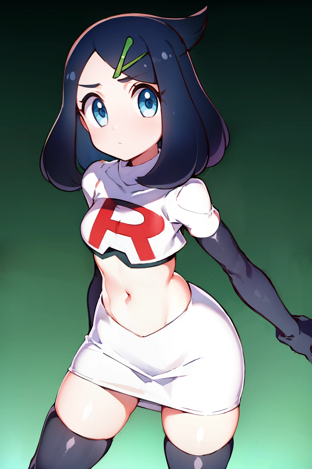 liko, 1girl, solo, flat chest,looking at viewer, blue eyes, black hair, hair ornament, hairclip, eyelashes, team rocket,team rocket uniform,white skirt,crop top,black thigh-highs,black elbow gloves,