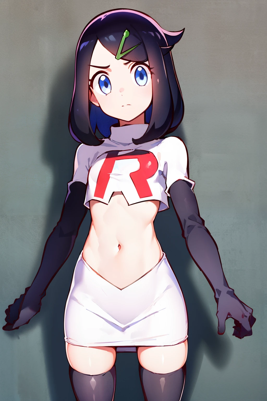 liko, 1girl, solo, flat chest,looking at viewer, blue eyes, black hair, hair ornament, hairclip, eyelashes, team rocket,team rocket uniform,white skirt,crop top,black thigh-highs,black elbow gloves,