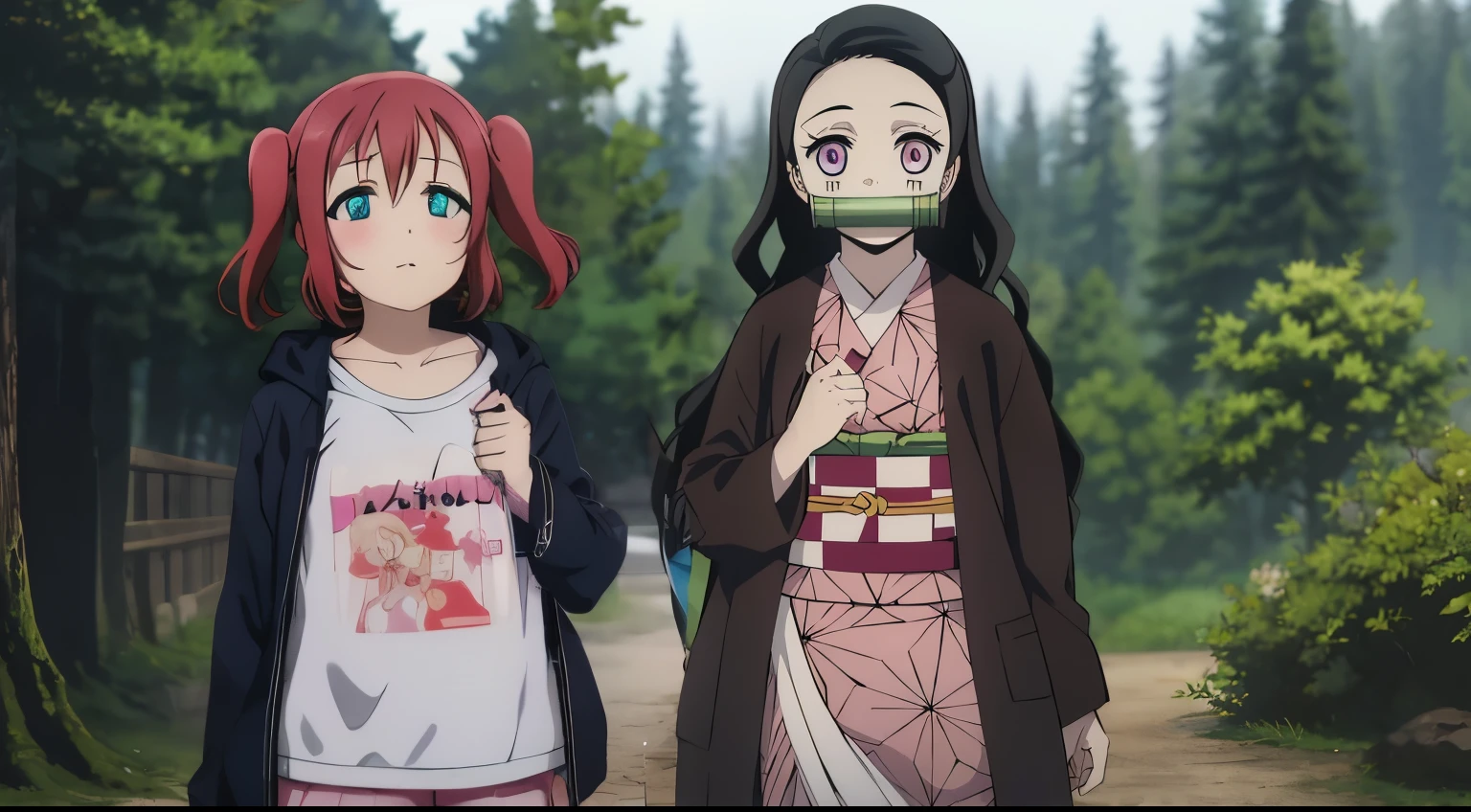 Ruby kurosawa, aqua eyes, medium hair, red hair, two side up, twintails, 