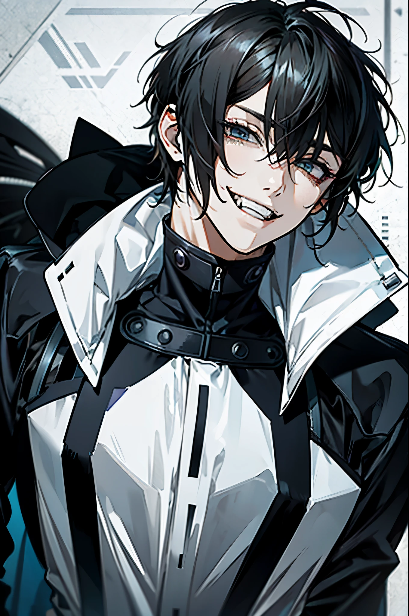 a man with short fluffy hair, head tilted back, smiling, fangs, one hand behind head, open mouth, smug eyes, cool illustration, techwear outfit, close up of face