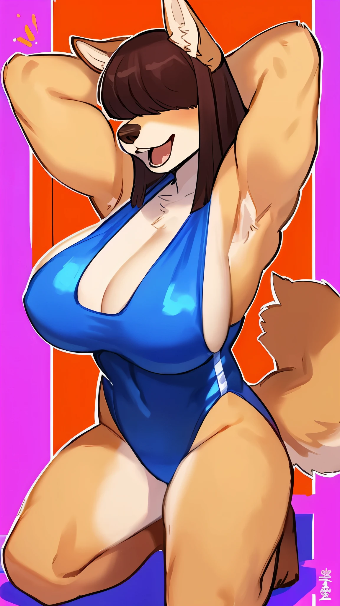 By bebebebebe, by lostgoose, by goonie-san, female, ((canine, snout, hair covering eyes, straight hair, medium hair, flat hair, ears, thin snout)), brown fur, big poofy tail, raised tail, dark maroon hair, ((muscular)), (big breasts), solo, ((sexy, excited, open mouth, happy)), hands behind head, 80's style one piece leotard, colorful artsy background, squatting