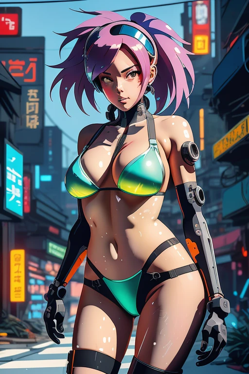 there is a woman in a bikini and a helmet on a street, cyberpunk anime girl mech, digital cyberpunk anime art, cute cyborg girl, digital anime art, artwork in the style of guweiz, advanced digital anime art, made with anime painter studio, guweiz on artstation pixiv, detailed digital anime art, digital cyberpunk - anime art, cyberpunk anime girl