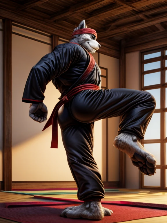 Barefoot Legoshi, practising in dojo, black ninja outfit, red Headband bandana, long pants with heel grip, nice big feet paws