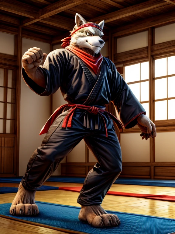 Barefoot Legoshi, practising in dojo, black ninja outfit, red Headband bandana, long pants with heel grip, nice big feet paws