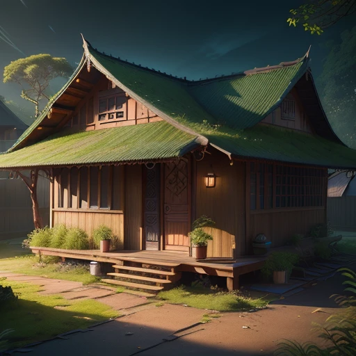 masterpiece, best quality, (extremely detailed CG unity 8k wallpaper), (best quality), (best illustration), (best shadow), A small joglo Javanese house covered with moss， isometric 3D, octane render,ray tracing,ultra detailed