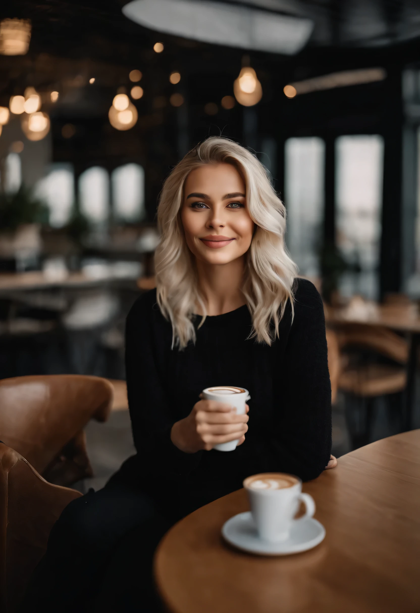 beautiful platinum blonde girl wearing black sweater (sipping coffee inside a modern café at sunset), very detailed, 21 years old, innocent face, natural wavy hair, blue eyes, high resolution, masterpiece, best quality, intricate details, highly detailed, sharp focus, detailed skin, realistic skin texture, texture, detailed eyes, professional, 4k, charming smile, shot on Canon, 85mm, shallow depth of field,  kodak vision color, perfect fit body, extremely detailed, foto_\(ultra\), photorealistic, realistic, post-processing, maximum detail, roughness, real life, ultra realistic, photorealism, photography, 8k uhd, photography, uses my dataset as the face