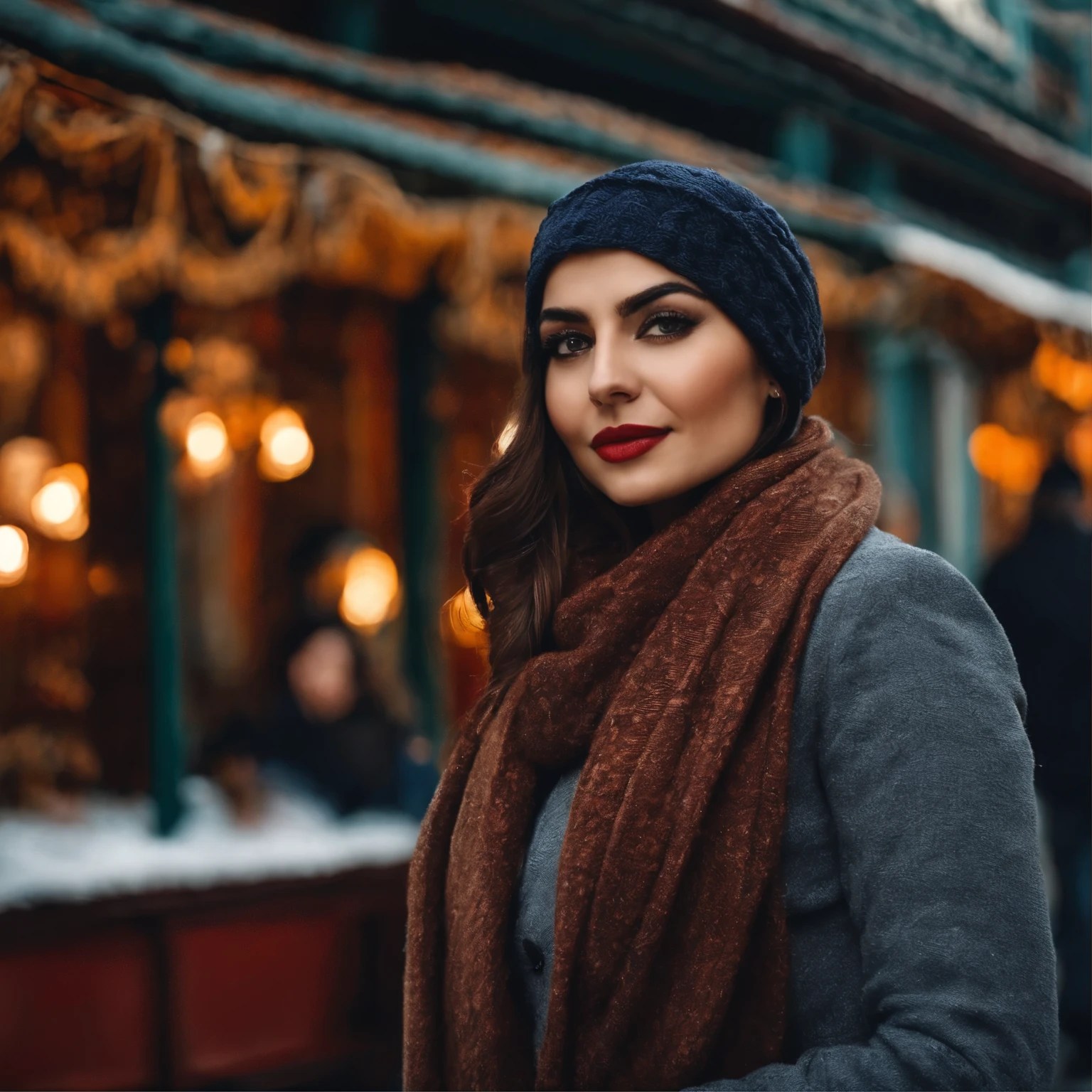 An attractive Turkish woman posing in a winter-dressed but low-cut outfit in Istanbul