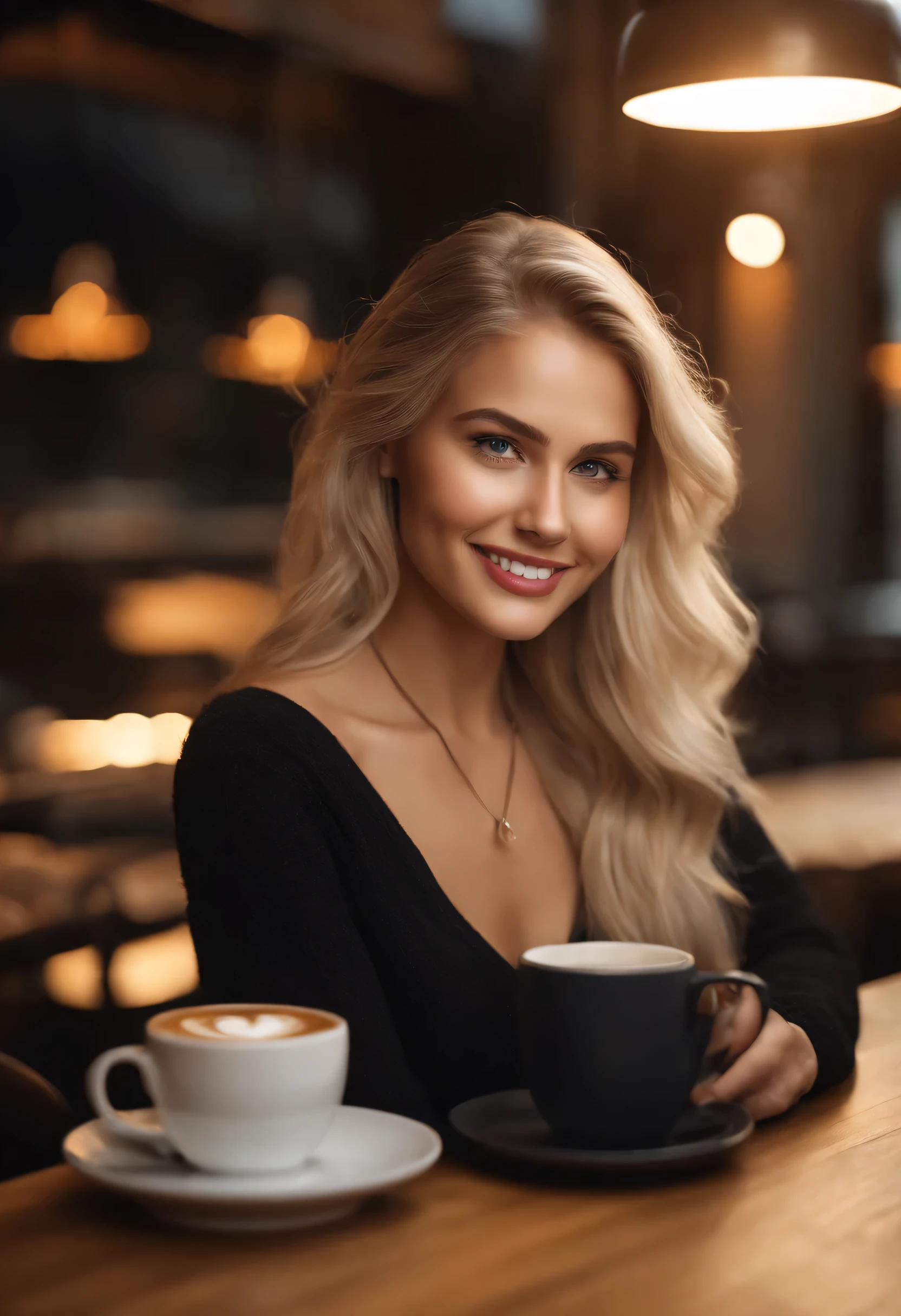 beautiful platinum blonde girl wearing black sweater (sipping coffee inside a modern café at sunset), very detailed, 21 years old, innocent face, natural wavy hair, blue eyes, high resolution, masterpiece, best quality, intricate details, highly detailed, sharp focus, detailed skin, realistic skin texture, texture, detailed eyes, professional, 4k, charming smile, shot on Canon, 85mm, shallow depth of field, kodak vision color, perfect fit body, extremely detailed, foto_\(ultra\), photorealistic, realistic, post-processing, maximum detail, roughness, real life, ultra realistic, photorealism, photography, 8k uhd, photography, uses my dataset as the face
