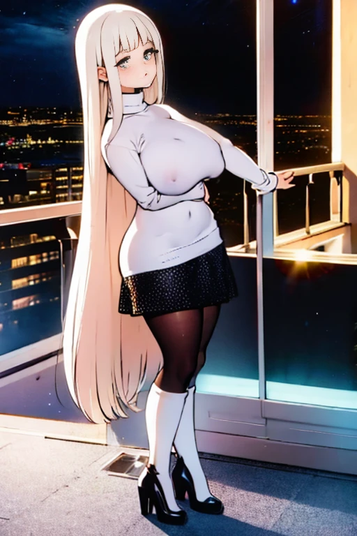 Petite and slender woman with long yellow hair, wearing a white turtleneck sweater and a black leather jacket on top, a mini skirt (black), white stockings, and high-heeled black boots. She is standing on a balcony, looking at the starry sky on a brightly moonlit night. Enormous breasts, covered nipples, rounded belly, overhanging shirt, nipple cutouts, no bra