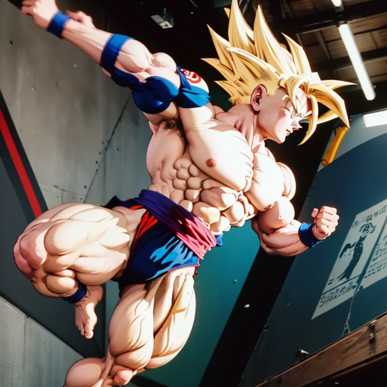 (Eine detaillierte Zeichnung von gohan, bodybuilding gym.), shirtless, huge muscle Body, Big Bizeps, Big shoulders, muscukar legs,abs, barefoot street fighter shoryuken move