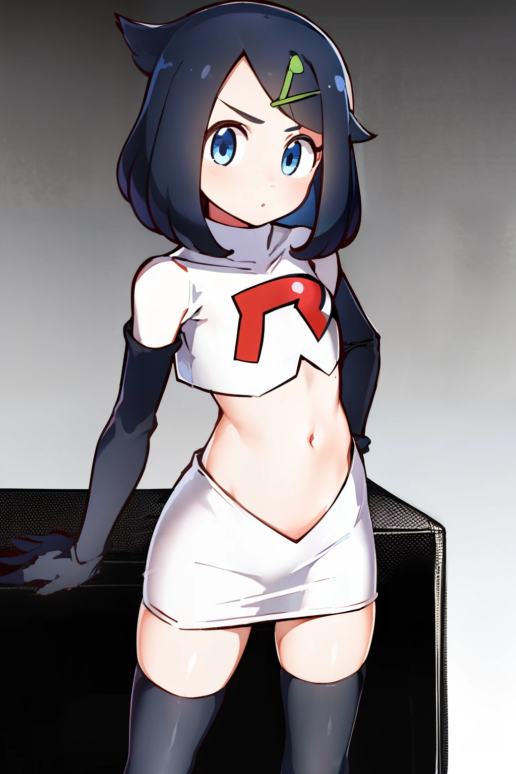 liko, 1girl, solo, flat chest,looking at viewer, blue eyes, black hair, hair ornament, hairclip, eyelashes, team rocket,team rocket uniform,white skirt,crop top,black thigh-highs,black elbow gloves,