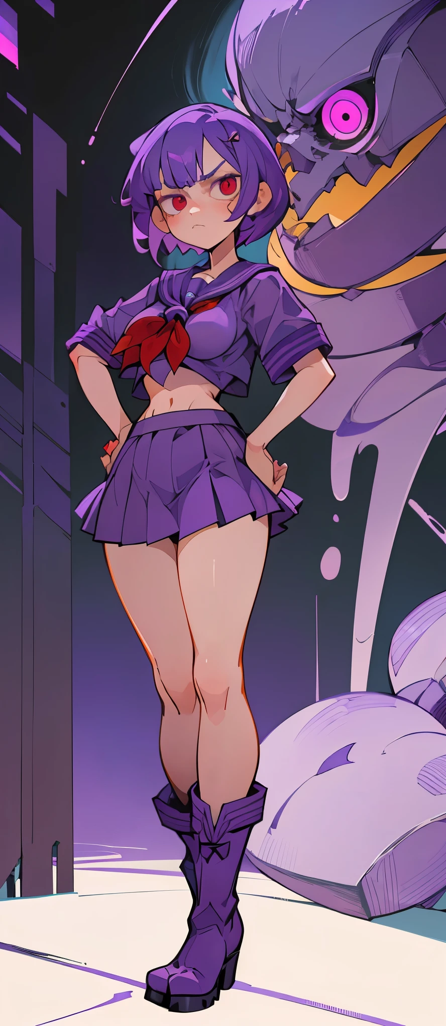 1 girl, short straight purple hair , red eyes , Sailor shirt , purple short skirt , boots, full body , sly face., Cold expression , abdomen , big breasts , stand on your hips..., walkway stairs