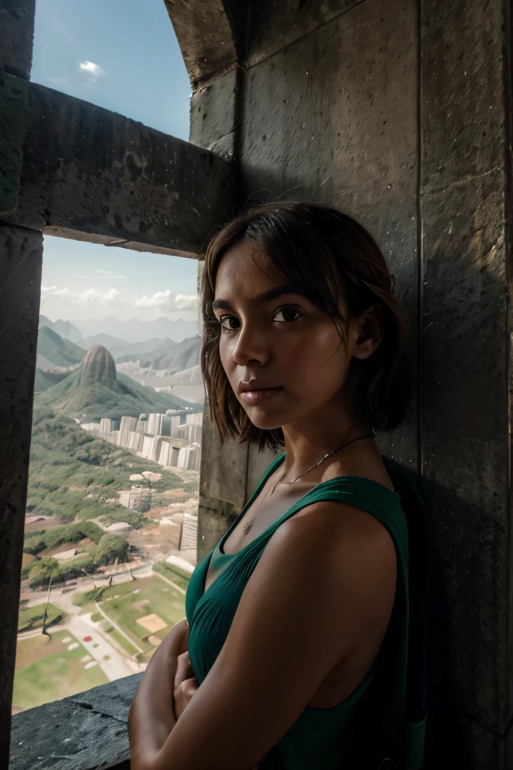 ela no rio de janeiro na frente do cristo redentor vestida como turista observando a estatua do cristo redentor