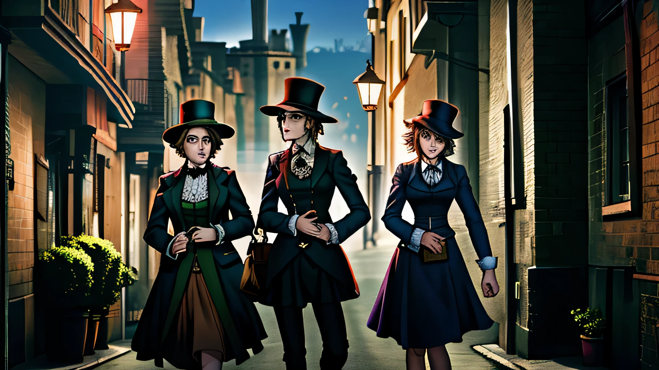 Three women, half emu half human, wearing business suits, dark night, gaslight street, victorian, gothic, dark