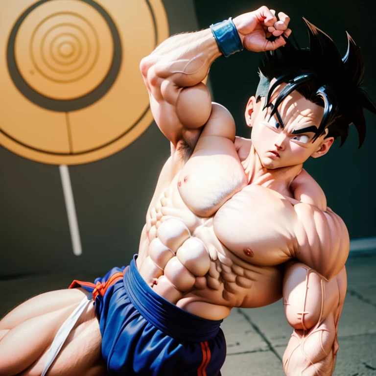 (Eine detaillierte Zeichnung von gohan, bodybuilding gym.), shirtless, huge muscle Body, Big Bizeps, Big shoulders, muscukar legs,abs, barefoot street fighter shoryuken move