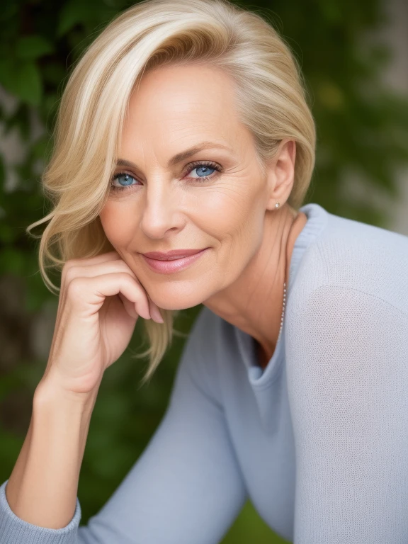 50yo european woman, mature, beautiful female arafed model, eye wrinkle , wrinkles around mouth, forehead wrinkle, attractive beautiful face, blond hair with blond highlights, big saggy boobs, fotorealistisch, Sommersprossen Gesicht, Cinematically beautiful natural skin, fit body, beautiful model girl, guckt direkt in die Kamera, RAW Fotografie sehr realistisch, shot taken from hip height, smile, hair tied up, bags under the eyes, full length body picture, emphasis on face details, sultry and mysterious smile, tight sweatshirt, blue jeans