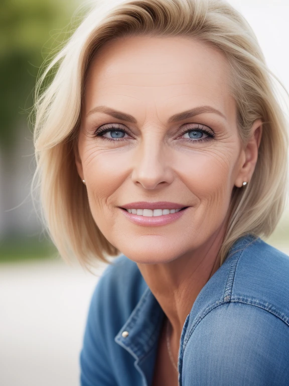 50yo european woman, mature, beautiful female arafed model, eye wrinkle , wrinkles around mouth, forehead wrinkle, attractive beautiful face, blond hair with blond highlights, big saggy boobs, fotorealistisch, Sommersprossen Gesicht, Cinematically beautiful natural skin, fit body, beautiful model girl, guckt direkt in die Kamera, RAW Fotografie sehr realistisch, shot taken from hip height, smile, hair tied up, bags under the eyes, full body, emphasis on face details, sultry and mysterious smile, tight sweatshirt, blue jeans, protruding nipples