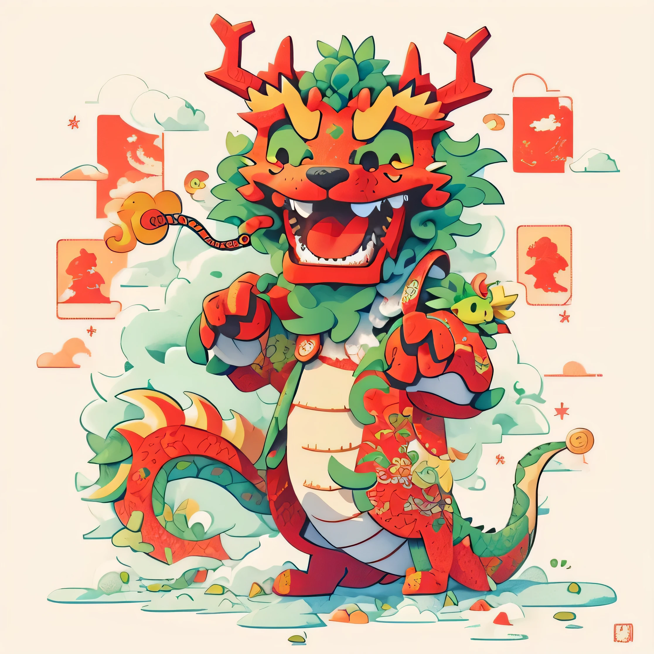 Illustration of a red-nosed green-tailed dragon, smooth chinese dragon,chinese dragon concept art, cyan chinese dragon fantasy, anthropomorphic dragon, a dragon made of clouds、in graffiti style