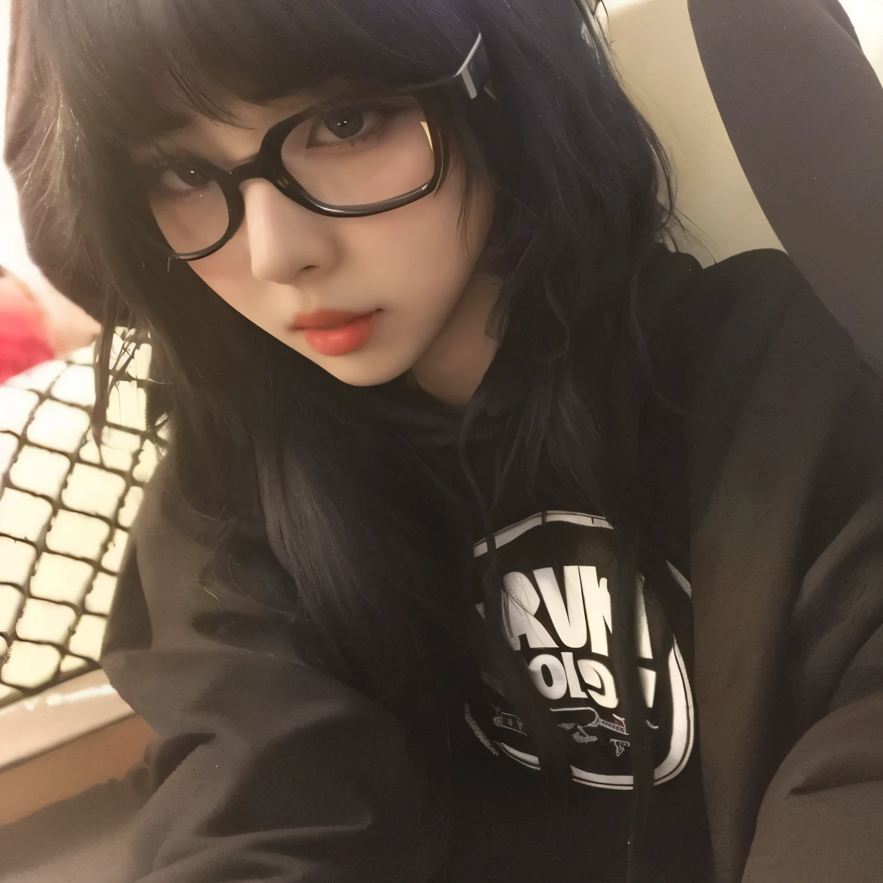 arafed woman with glasses and a black shirt sitting in a chair, she has black hair with bangs, 18 years old, wavy long black hair and glasses, black glasses, black hair and large eyes, 1 7 - - old h girl, she has black hair, an emo girl, with glasses, black haired girl wearing hoodie, wearing black glasses, yeojin loona