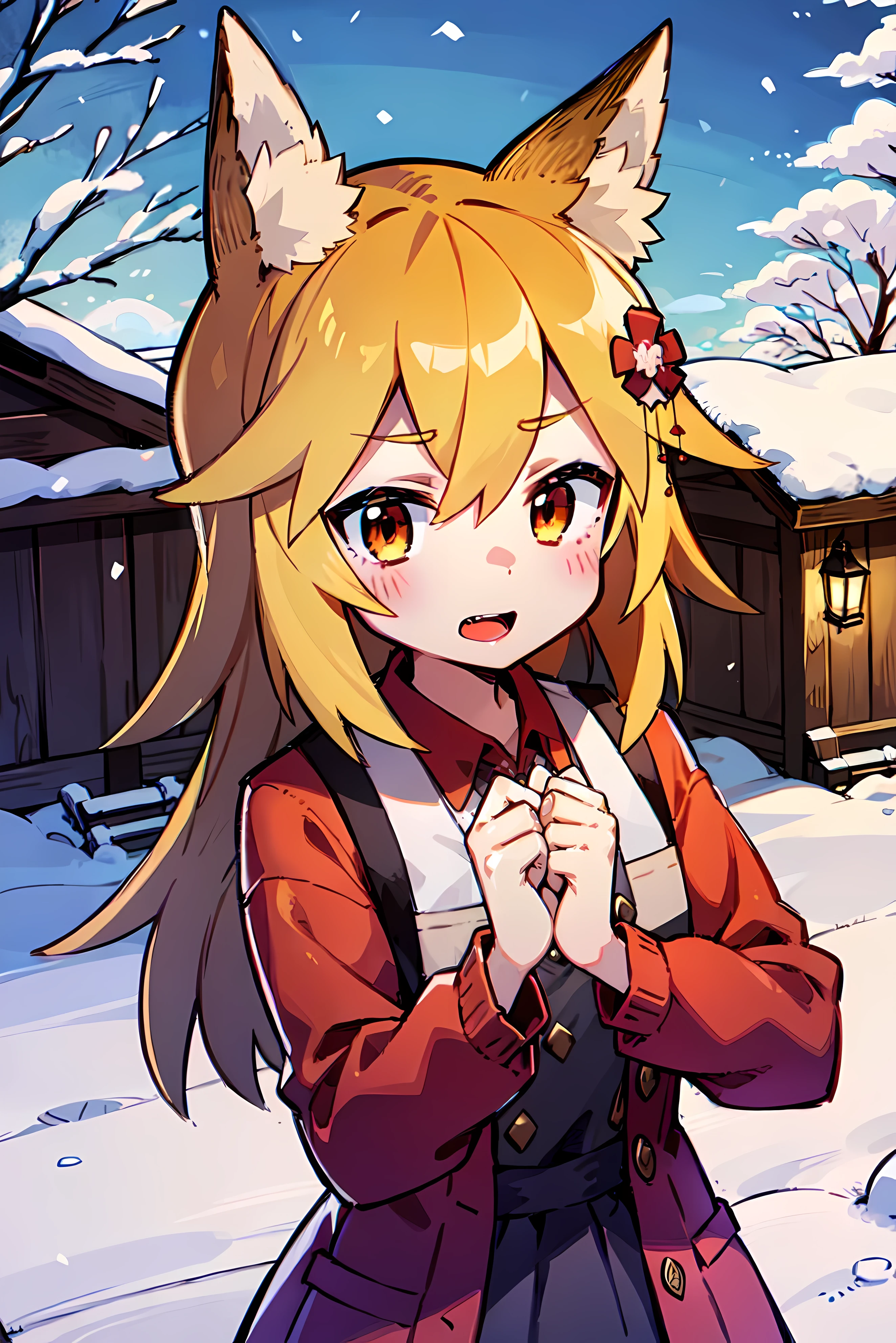 young woman, Fox ears, 4K Image, flowers of different colors, field, Beautiful trees, Maximum details, village, Houses, Beautiful cloud, a very nice girl, fists, Preparing for battle, Aggressive face, Vampire's Tooth, White Trees, snow, overcast weather, snowурочка, Наряд snowурочки