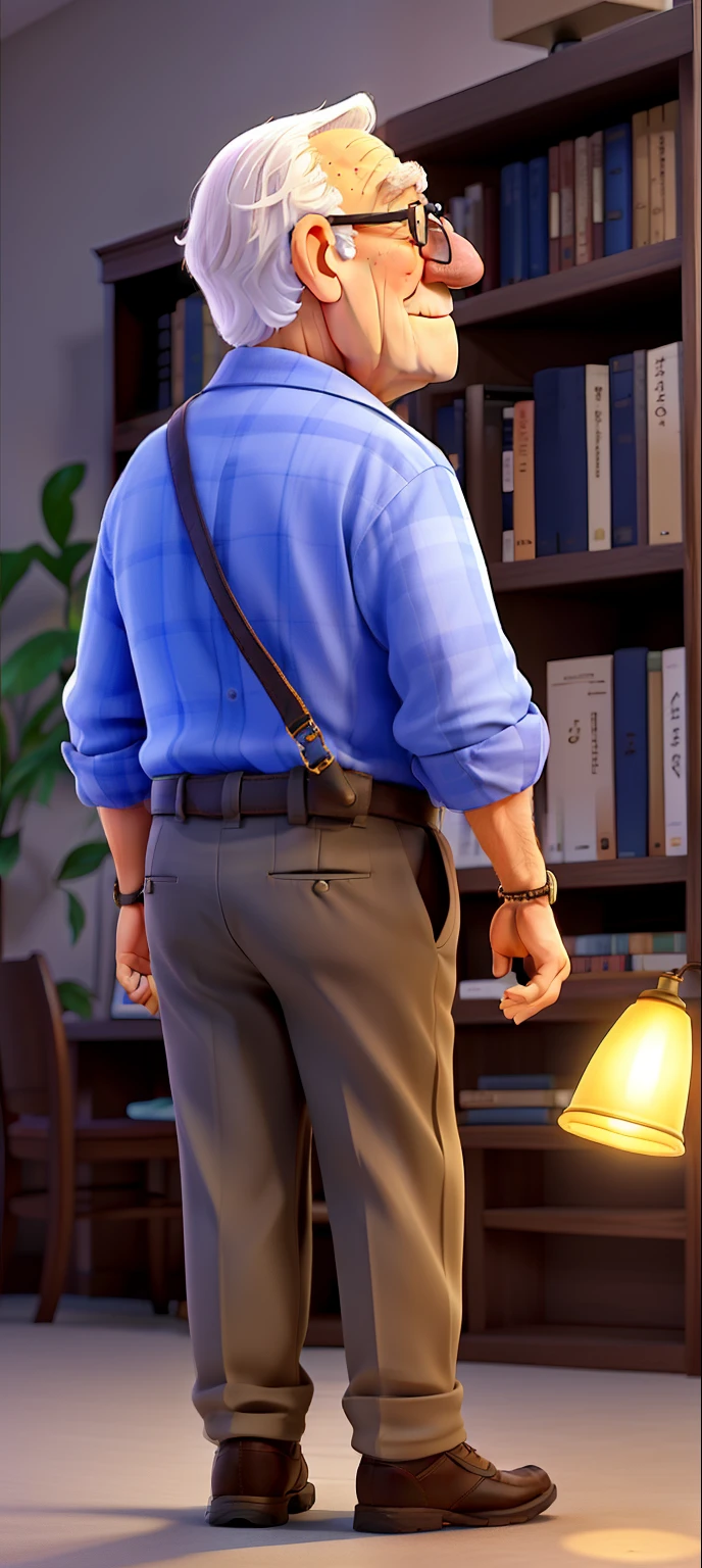 A wise old man standing in front, illuminated by the light of a lamp, tendo como pano de fundo uma biblioteca