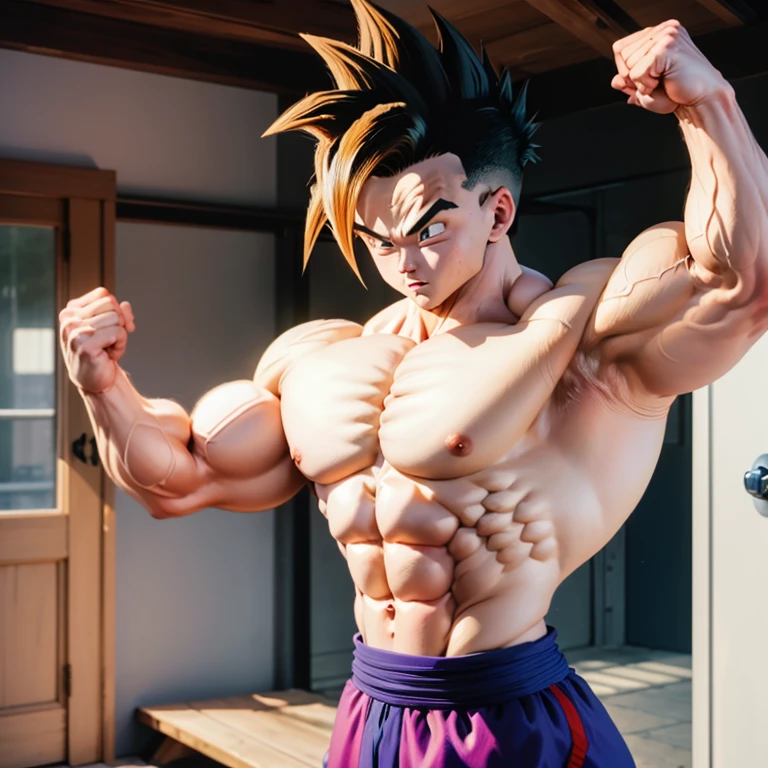 (Eine detaillierte Zeichnung von gohan, bodybuilding gym.), shirtless, huge muscle Body, Big Bizeps, Big shoulders, muscukar legs,abs, barefoot street fighter Tatsumaki Senpukyaku move