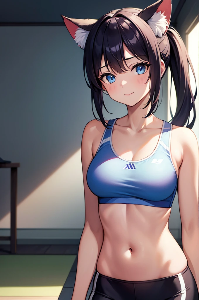 masterpiece:1.2, high quality, best quality, detailed_background,indoors,highres,neko (solution1988) massive breasts,upper body,open clothes,absurdres,blue eyes,gradient background,looking at viewer,sports bra,1girl,pony tail,bare arms,solo,animal ears,crop top,head tilt,cat ears,sunlight,slight smile, sports leggings