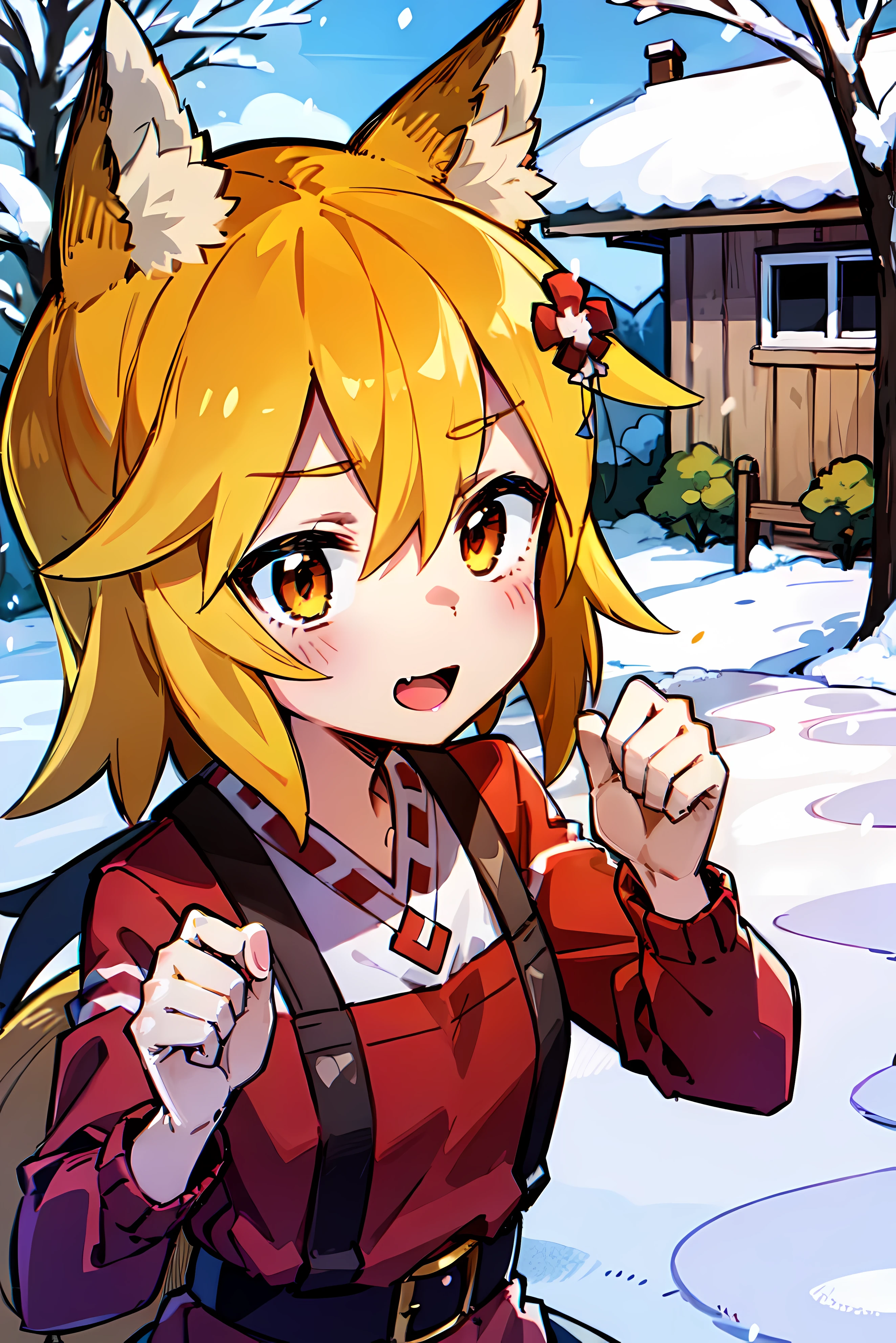 young woman, Fox ears, 4K Image, flowers of different colors, field, Beautiful trees, Maximum details, village, Houses, Beautiful cloud, a very nice girl, fists, Preparing for battle, Aggressive face, Vampire's Tooth, White Trees, snow, overcast weather, snowурочка, Наряд snowурочки