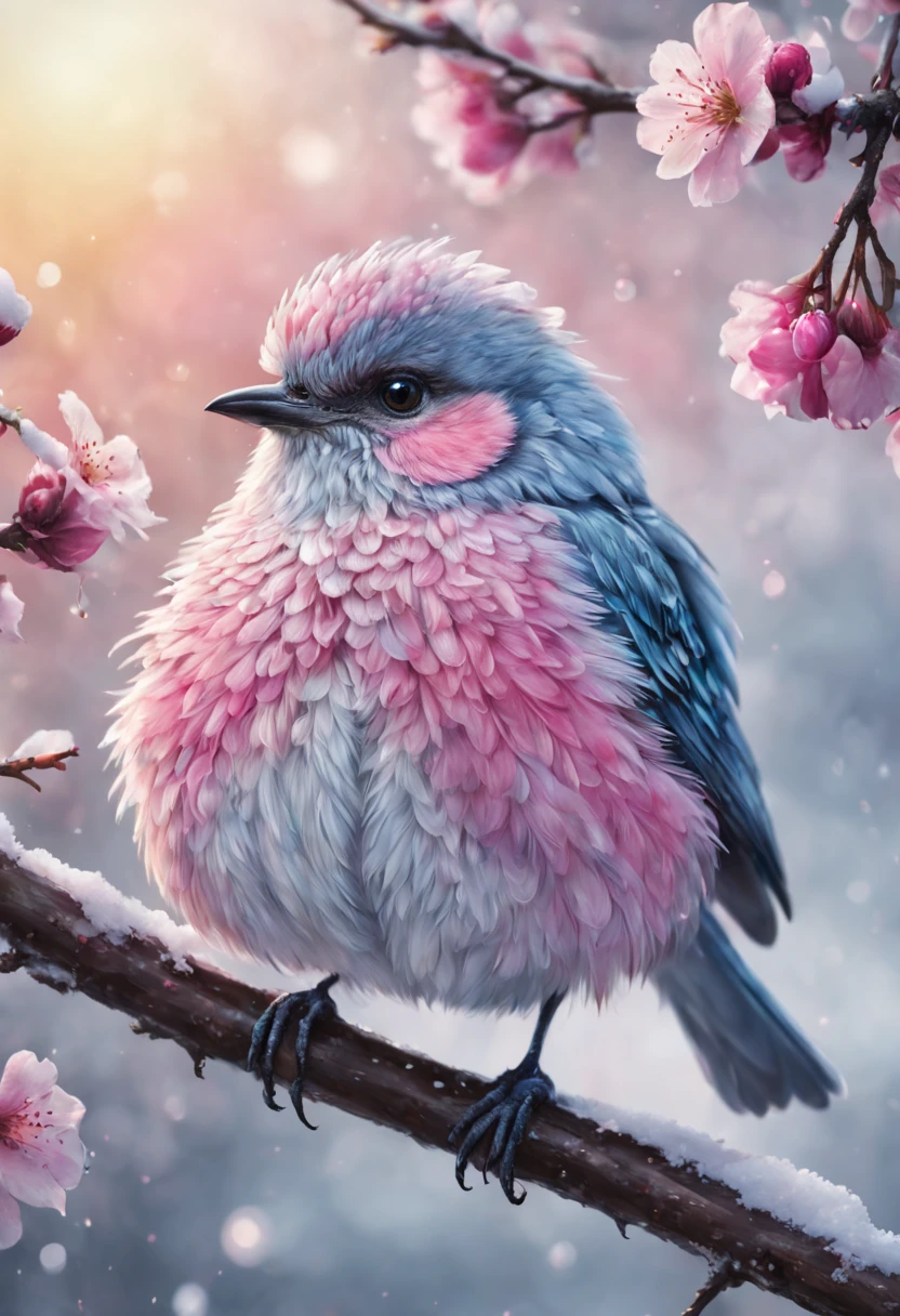 A beautiful hyper-fluffy hyperrealistic bird on a branch with pink flowers and snow. Small water drops, shining. Sunrise. Pastel colors. Intricately detailed, masterpiece, beautiful. Photorealistic, raw image