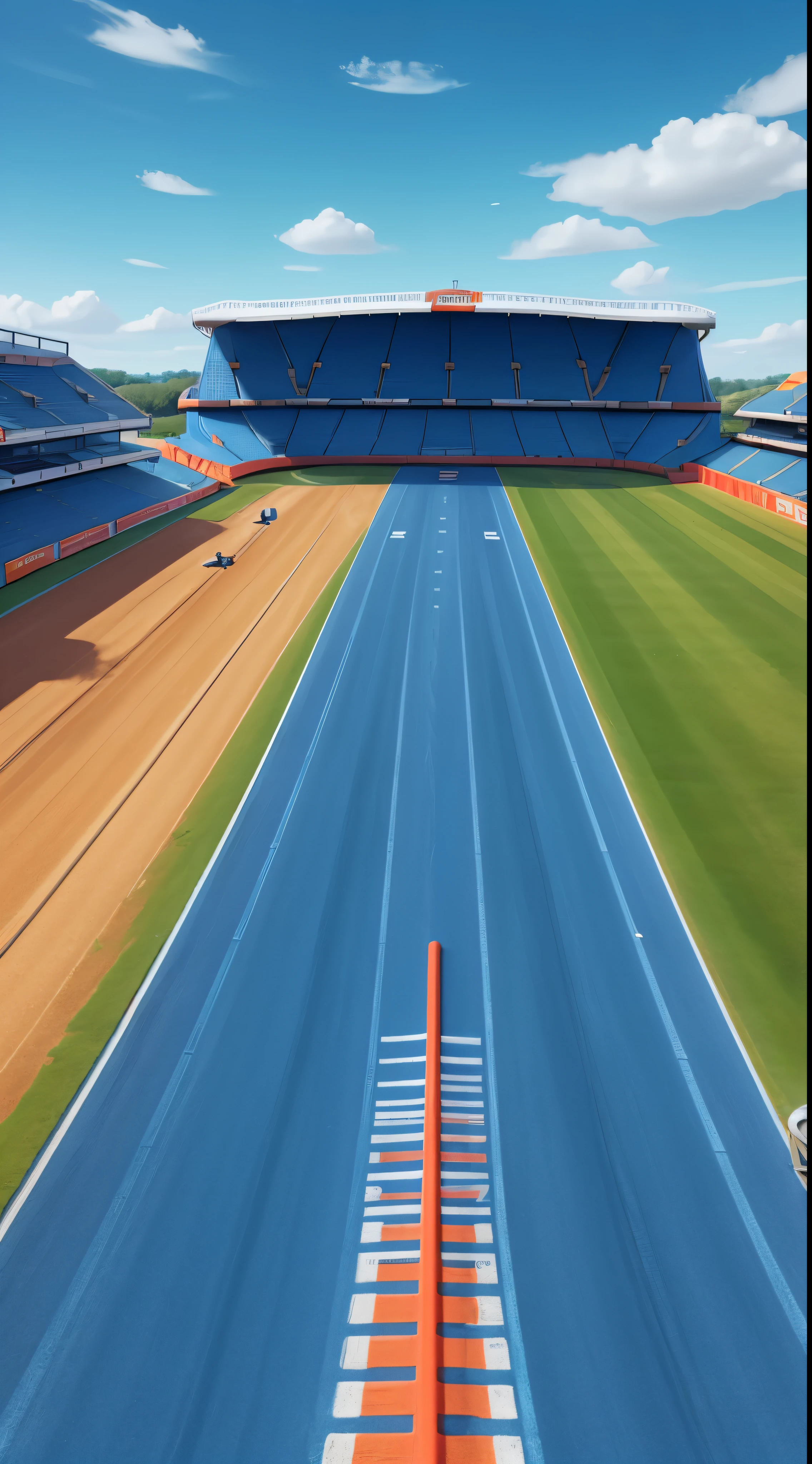 Real race track, Hot Wheels style, round track with grandstands, its blue, dark blue and orange background. high definition image