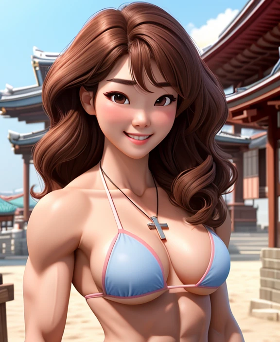 attractive korean woman, ripped muscle, muscular body, small breast, pale skin, smile(blush), bikini, cross necklace, sixpack abs, [ultra detailed skin:1.2], brown hair, wavy hair, 8k uhd, pussy, full body, crowd, public, temple, standing,
