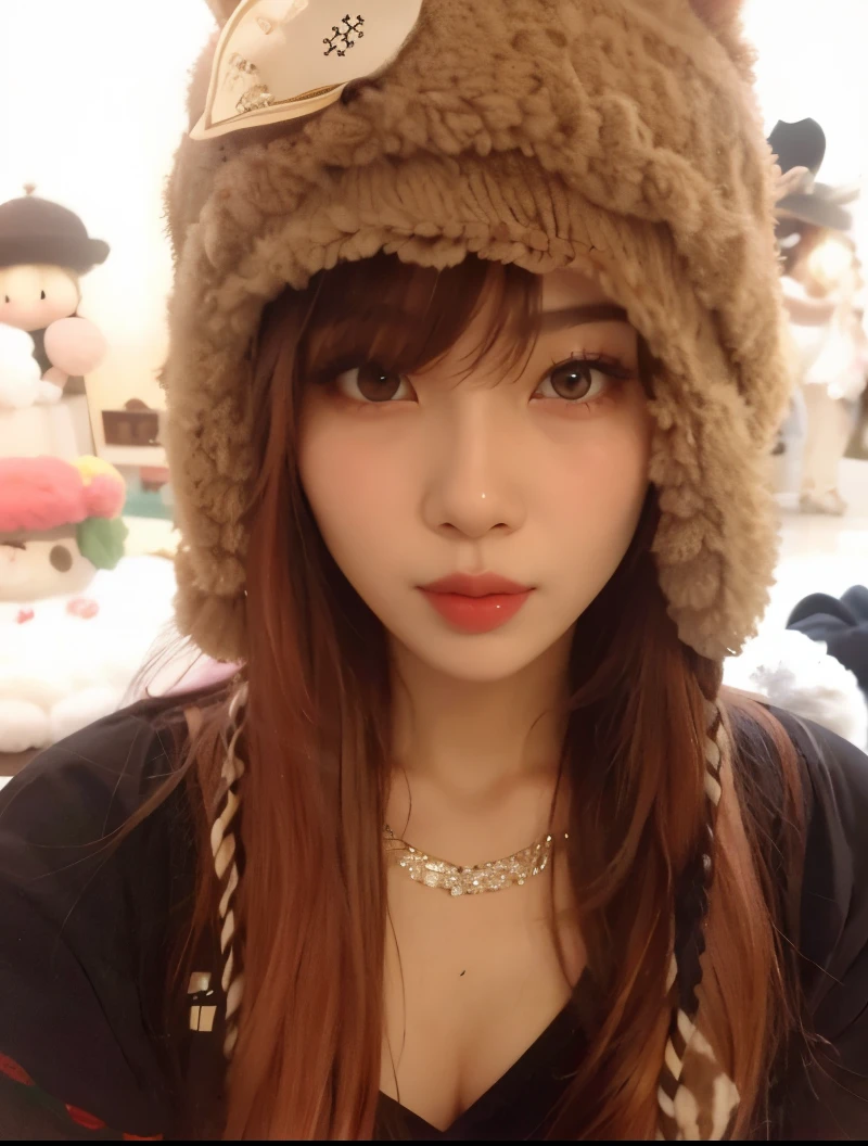 arafed woman with a furry hat and a necklace on, with long floppy rabbit ears, portrait of japanese gyaru, ulzzang, kemonomimi, wearing a cute hat, wearing a chocker and cute hat, chiho, with big rabbit ears, ayaka, ayami, yukii morita, sun yunjoo, joy red velvet