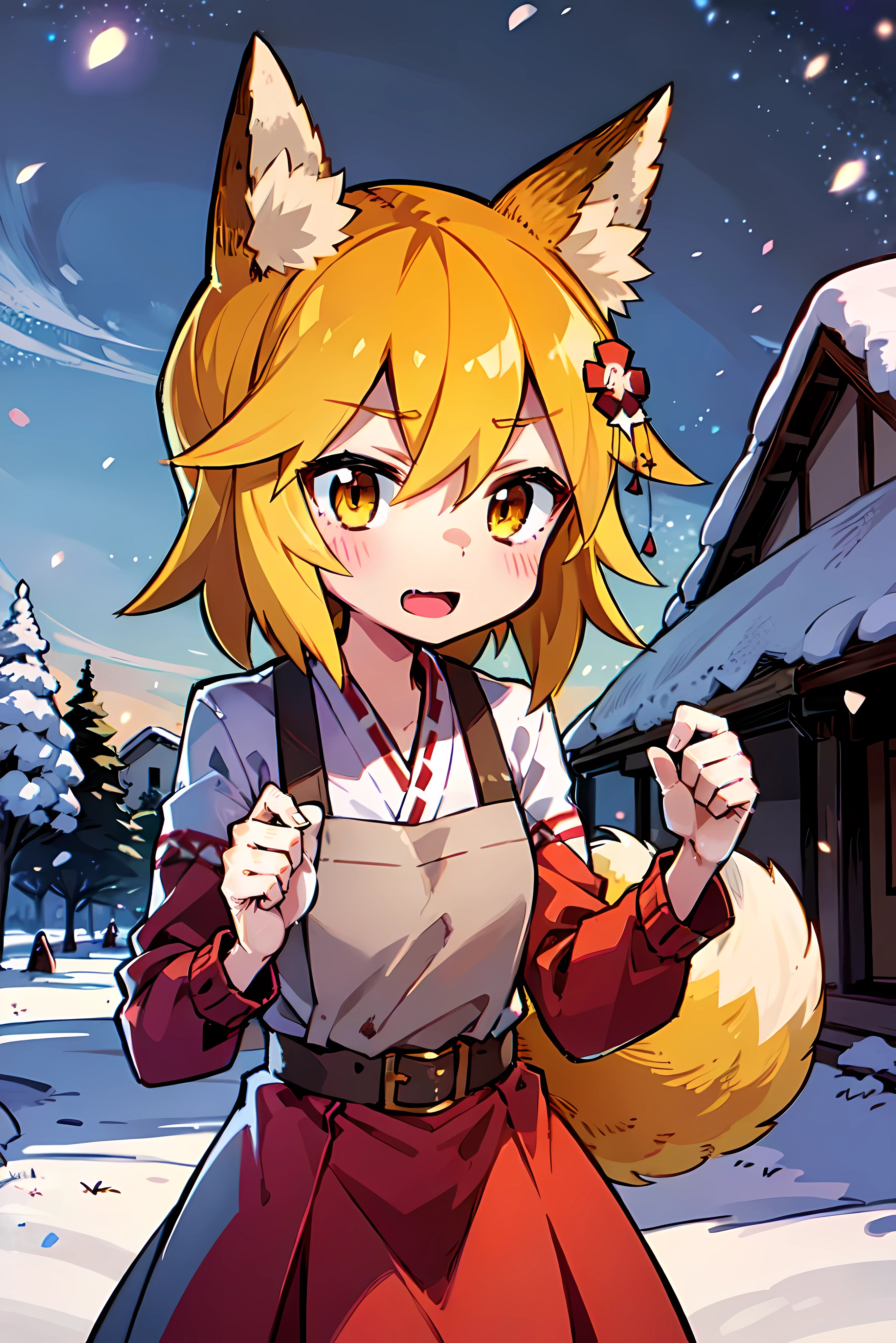 young woman, Fox ears, 4K Image, flowers of different colors, field, Beautiful trees, Maximum details, village, Houses, Beautiful cloud, a very nice girl, fists, Preparing for battle, Aggressive face, Vampire's Tooth, White Trees, snow, overcast weather, snowурочка, Наряд snowурочки