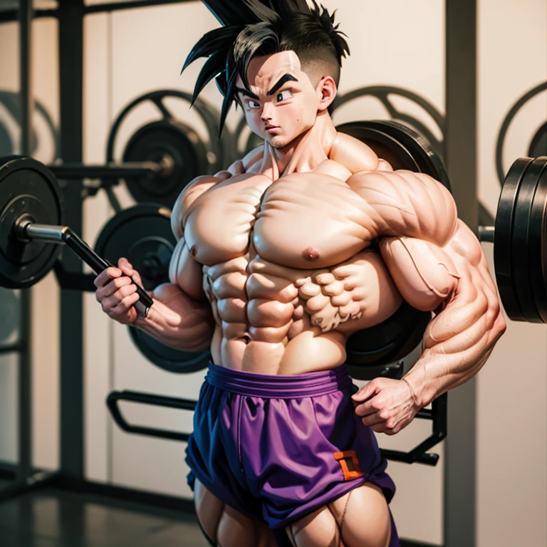 (Eine detaillierte Zeichnung von gohan, bodybuilding gym.), shirtless, huge muscle Body, Big Bizeps, Big shoulders, muscukar legs,abs, barefoot, beinpresse 