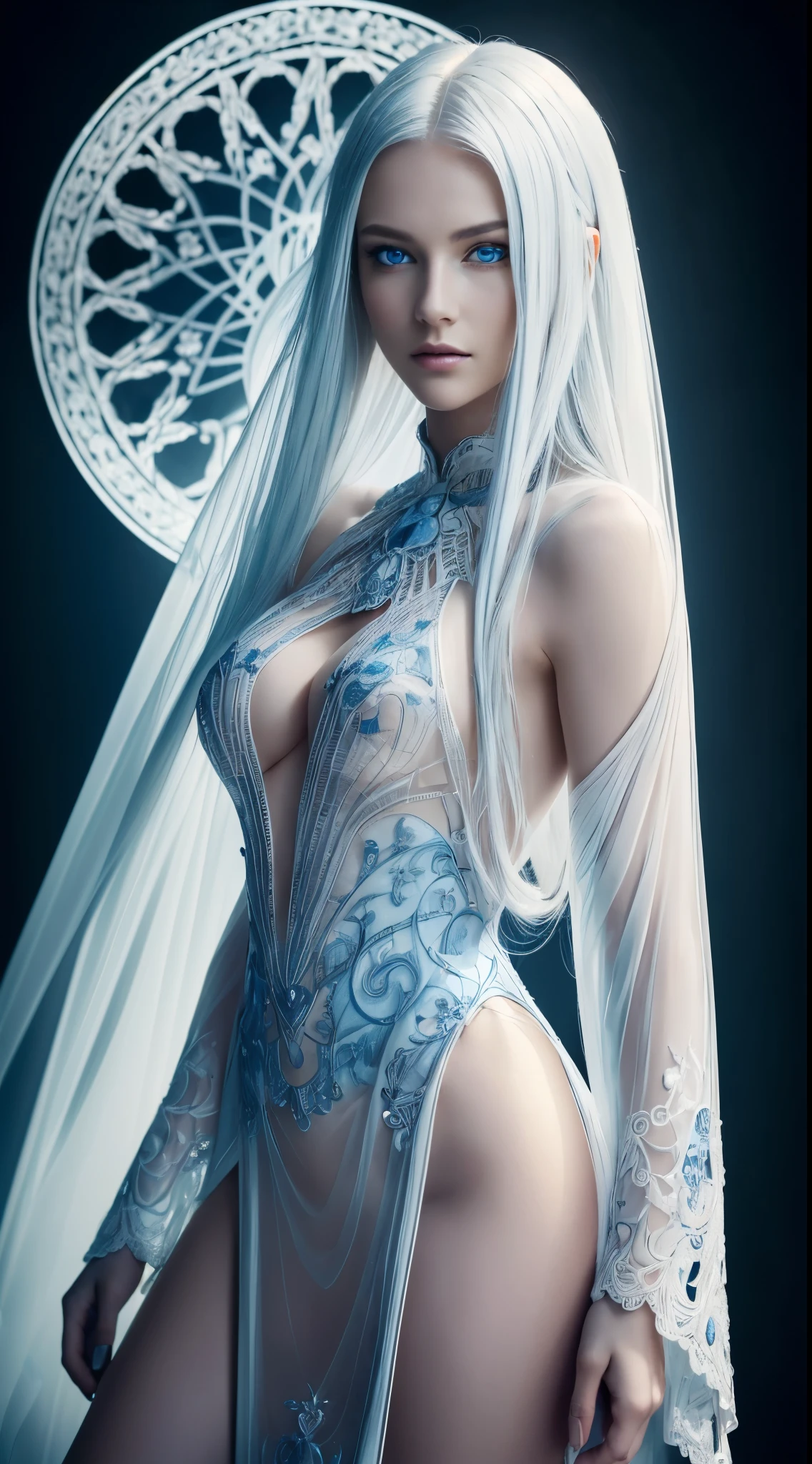 8k full body shot of beautiful white-haired 18 year old girl, reaper dress, scythe, (intricate, sheer, transparent, translucent,(no clothes:1.2)), intricate, beautifull face, sublime, elegant, highly detailed, digital hyperrealistic photography, hyperrealistic photography filigree, shyness, most beautyfull face, (masterpiece, sidelighting, (finely detailed beautifull blue eyes: 1.2)),