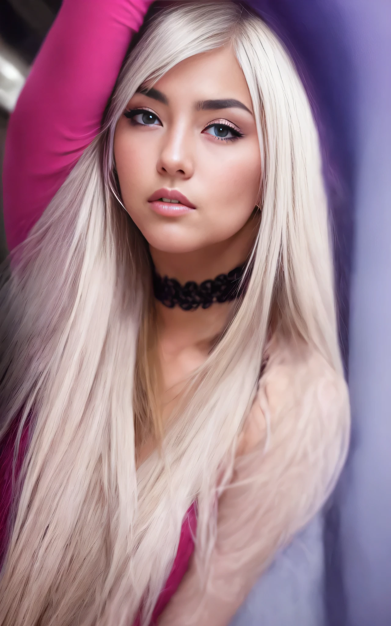 blonde girl with blue eyes, long platinum hair, pink clothes, deep v-neck, studio background, pink neon lighting, intricate details, realistic, 4k, shallow depth of field, photorealistic, maximum detail