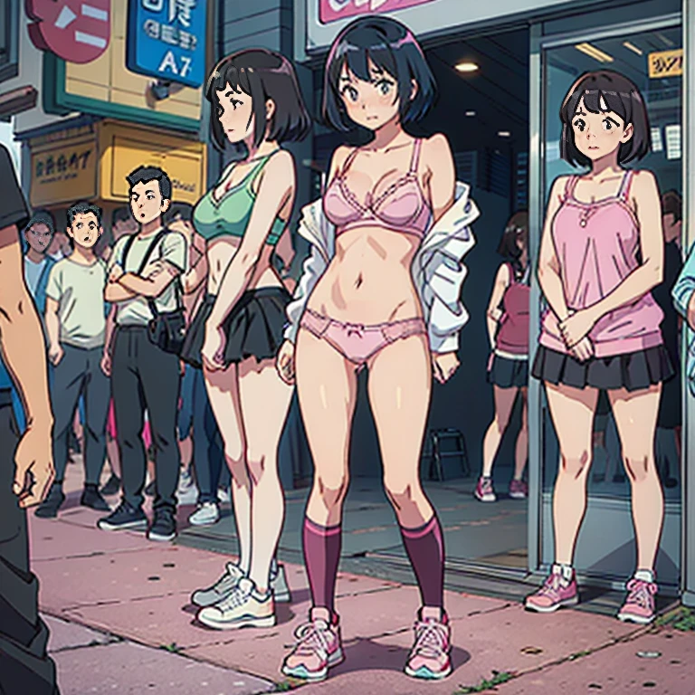 Sexy woman, posing in bra and panties, pink bra and panties, black knee high socks, sneakers, in public, crowd watching, short hair, standing, full body, shy, embarassed, dare, stripping in public