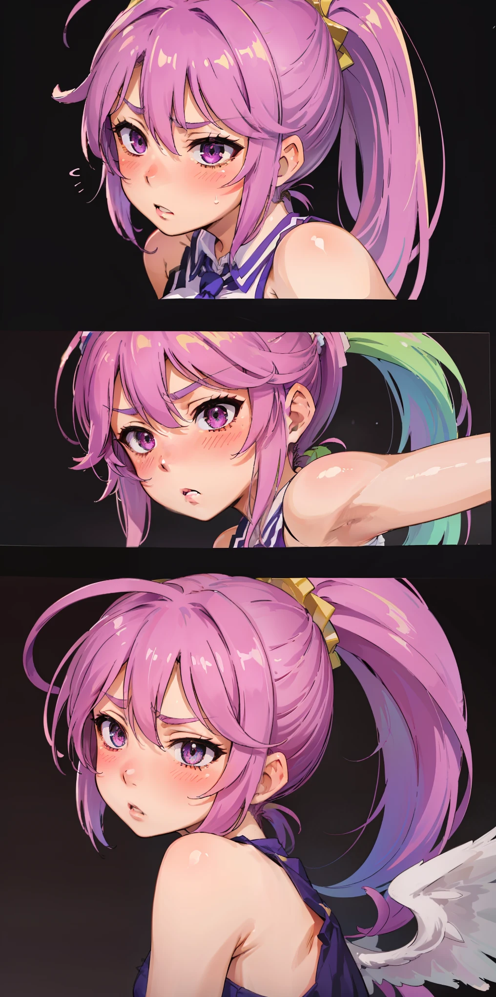 Jibril, (standing), blushed, perfect anatomy, detailed eyes, detailed lips, extremely detailed eyes and face, vivid colors, sharp focus, masterpiece:1.2, ultra-detailed, blushed, ((doggystyle)), (solo), ((tie)), sleeveless, ((((ponytail)))), (((disdain, disgust))), story, (((charecter sheet))).