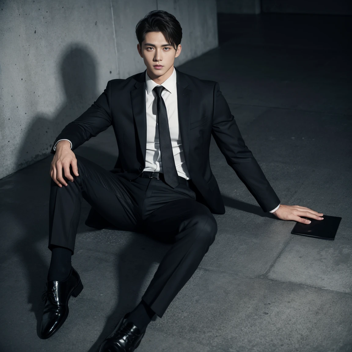 Handsome guy wearing black socks and formal suit showing abs