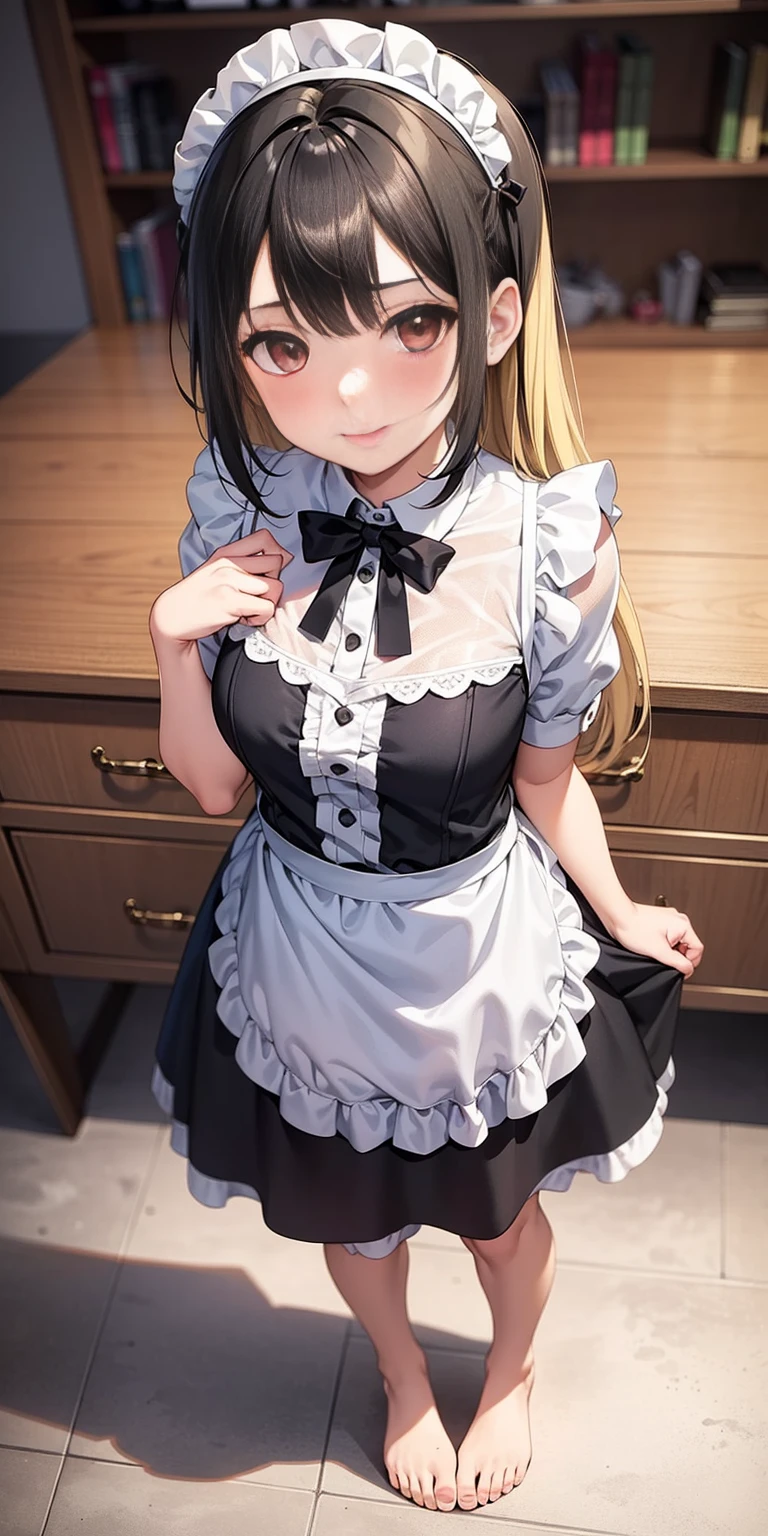 ((highest quality、High resolution、8K、masterpiece:1.3))、dynamic angle、wallpaper、1 girl、unparalleled beauty、ultimate beauty、super detailed face、delicate eyes、smile、sexy look、Depth of the bounds written、light particles、side light、((blonde、maid、maid服))、(lifting the skirt with both hands)、((expression of ecstasy、Looks embarrassed、inviting sex、sexually seducing、no panties、the skirt is turned up、She lifts up her skirt and shows her pussy.))、love juice、perfect body、beautiful breasts、cleavage、exposed nipples、tits、Thighhighs、thighs、slim、slender