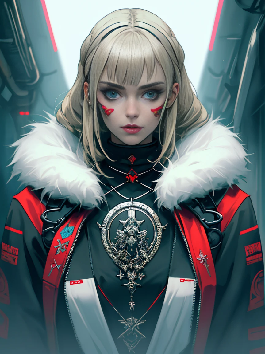 Cyberpunk woman wearing practical pagan Slavic russian clothing mixed with nu-gothic aesthetic, Guerreiro, retrato, rosto detalhado