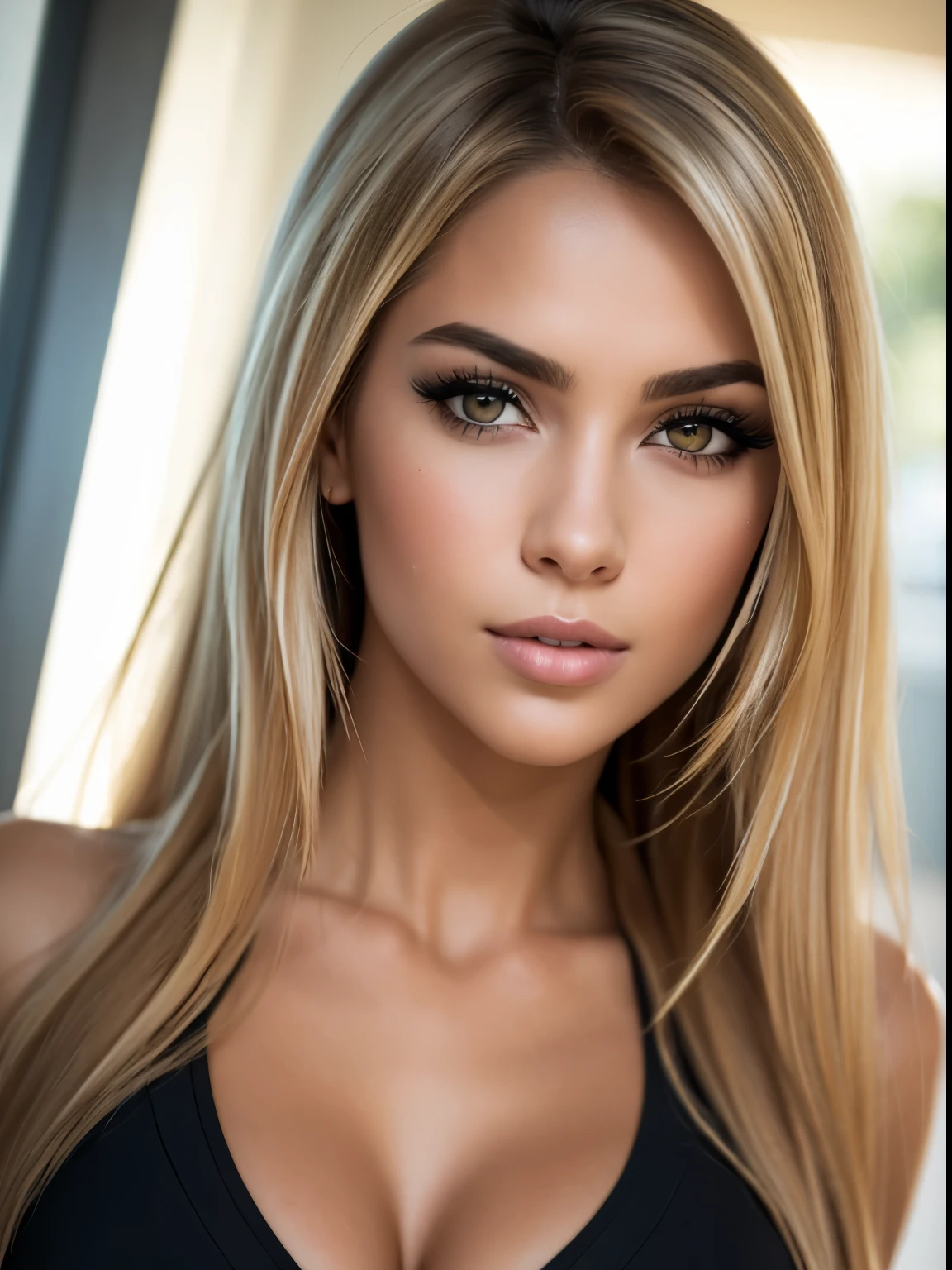 a close up of a woman with long blondhair and a black top, gorgeous latina face, flawless olive skin, photorealistic beautiful face, beautiful female face, extremely beautiful face, tanned beauty portrait, photo of a beautiful woman, realistic beautiful face, olive skin color, dark blond hair and tan skin, attractive beautiful face, beautiful realistic face, beautiful face and flawless skin