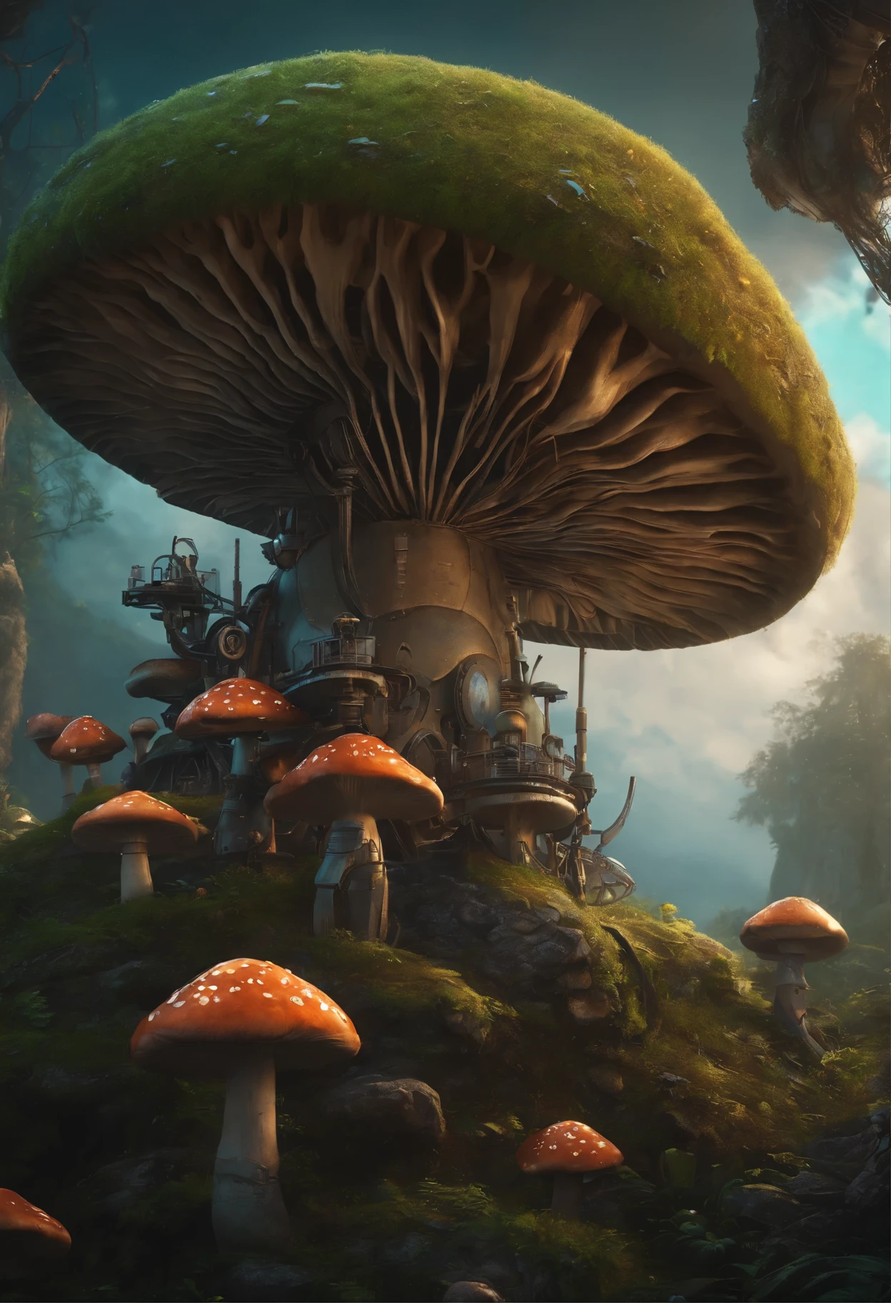 Stempunk mushroom, machinery, robotic, masterpiece, artstation hd, 8k