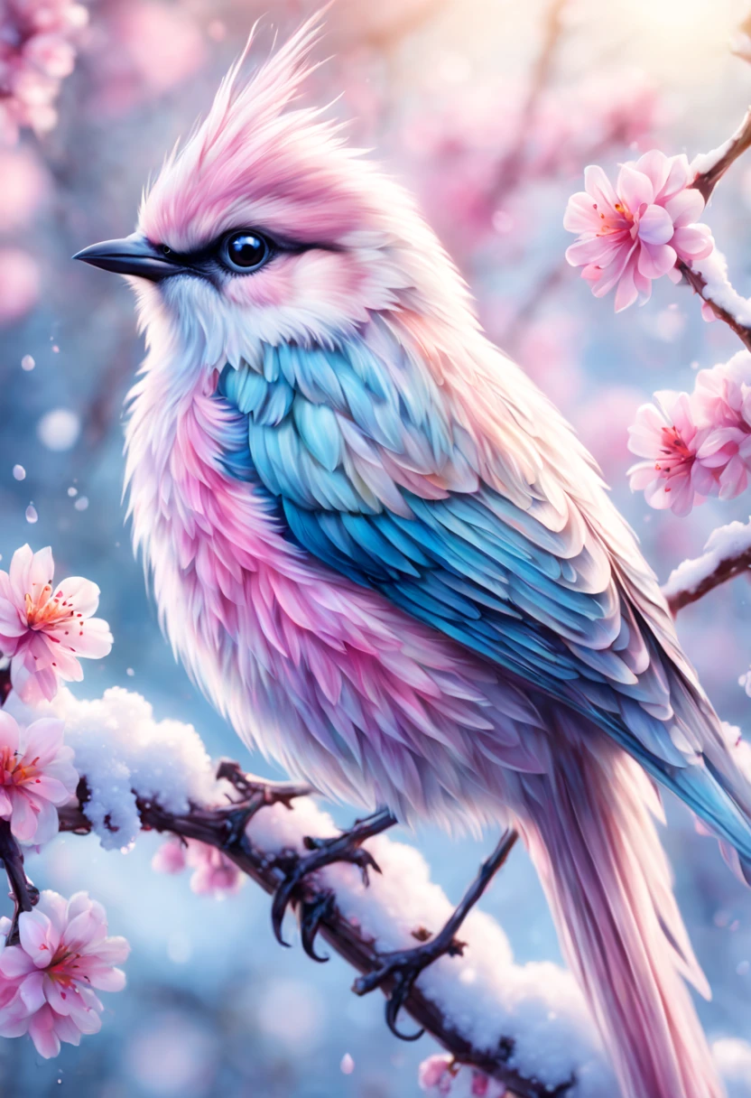 A beautiful hyper-fluffy hyperrealistic bird on a branch with pink flowers and snow. Small water drops, shining. Sunrise. Pastel colors. Intricately detailed, masterpiece, beautiful. Photorealistic, raw image